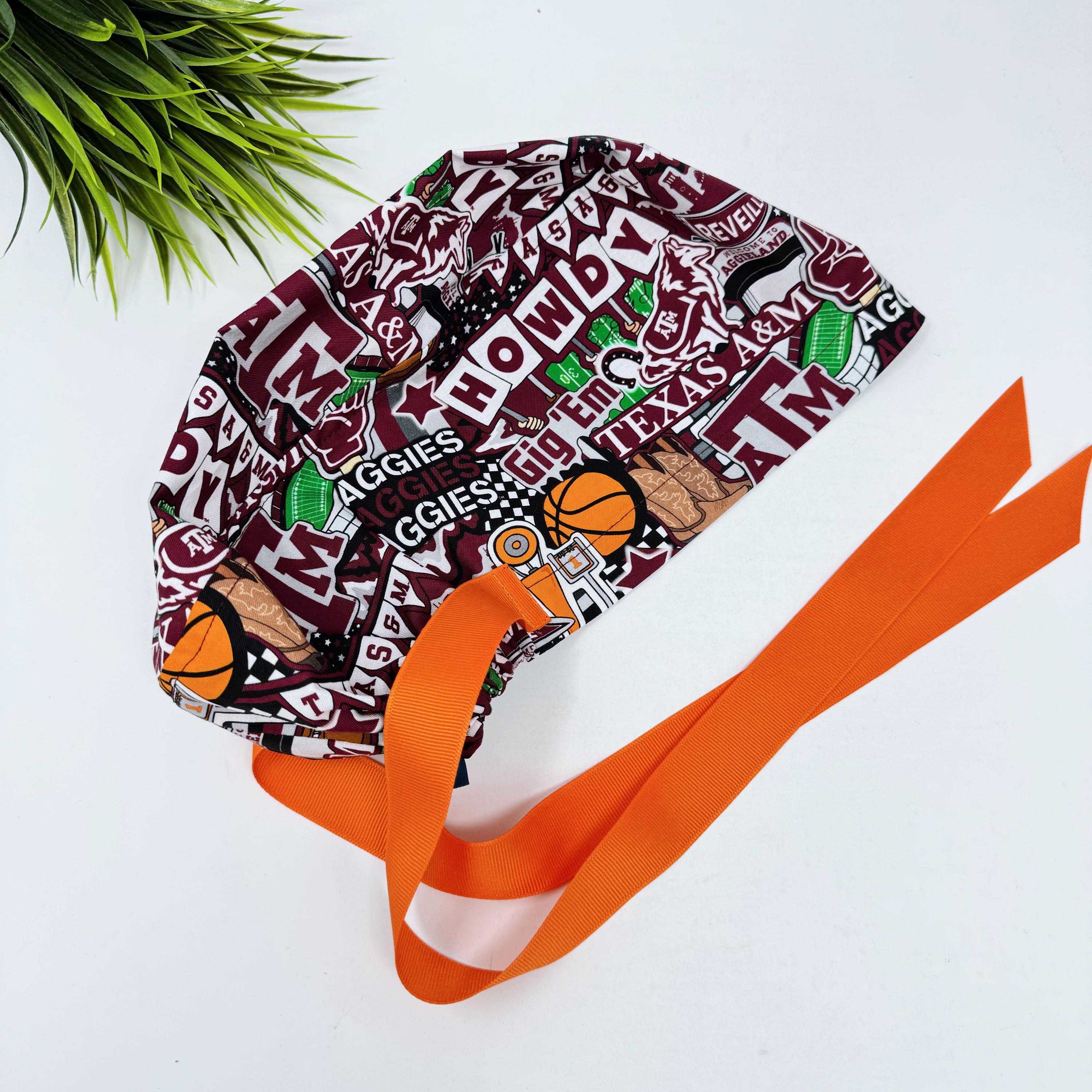 Euro scrub cap with ties for Women. Texas A&M European Surgical cap with Satin Lined by Paradise Caps. Euro PLUS style.