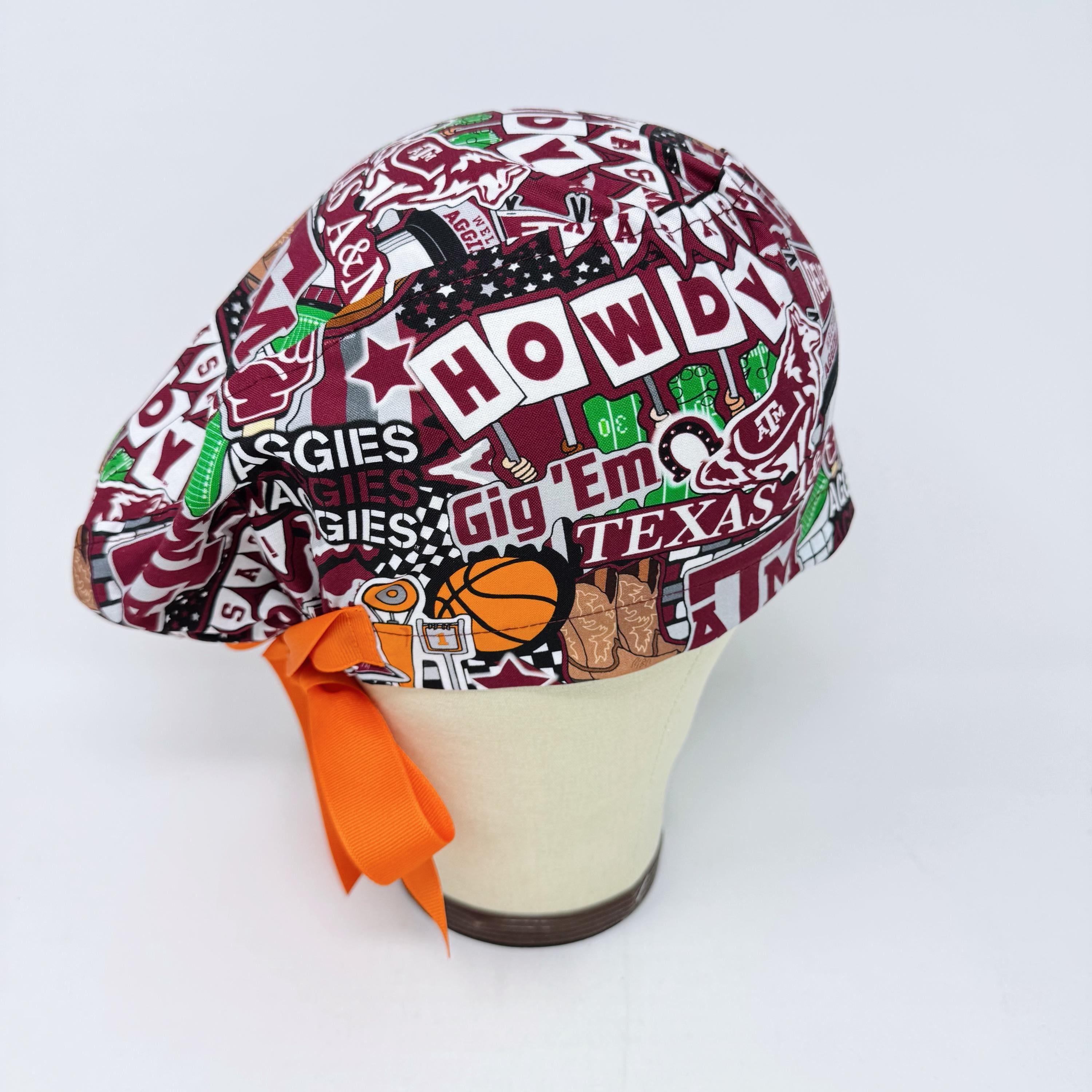 Euro scrub cap with ties for Women. Texas A&M European Surgical cap with Satin Lined by Paradise Caps. Euro PLUS style.