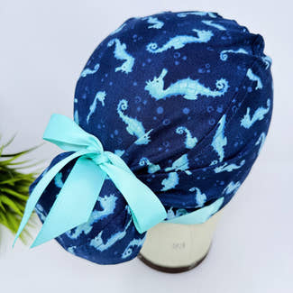 Euro scrub cap with ties for women. Ocean Seahorse Print European satin lined surgical cap by Paradise Caps. Euro PLUS style.
