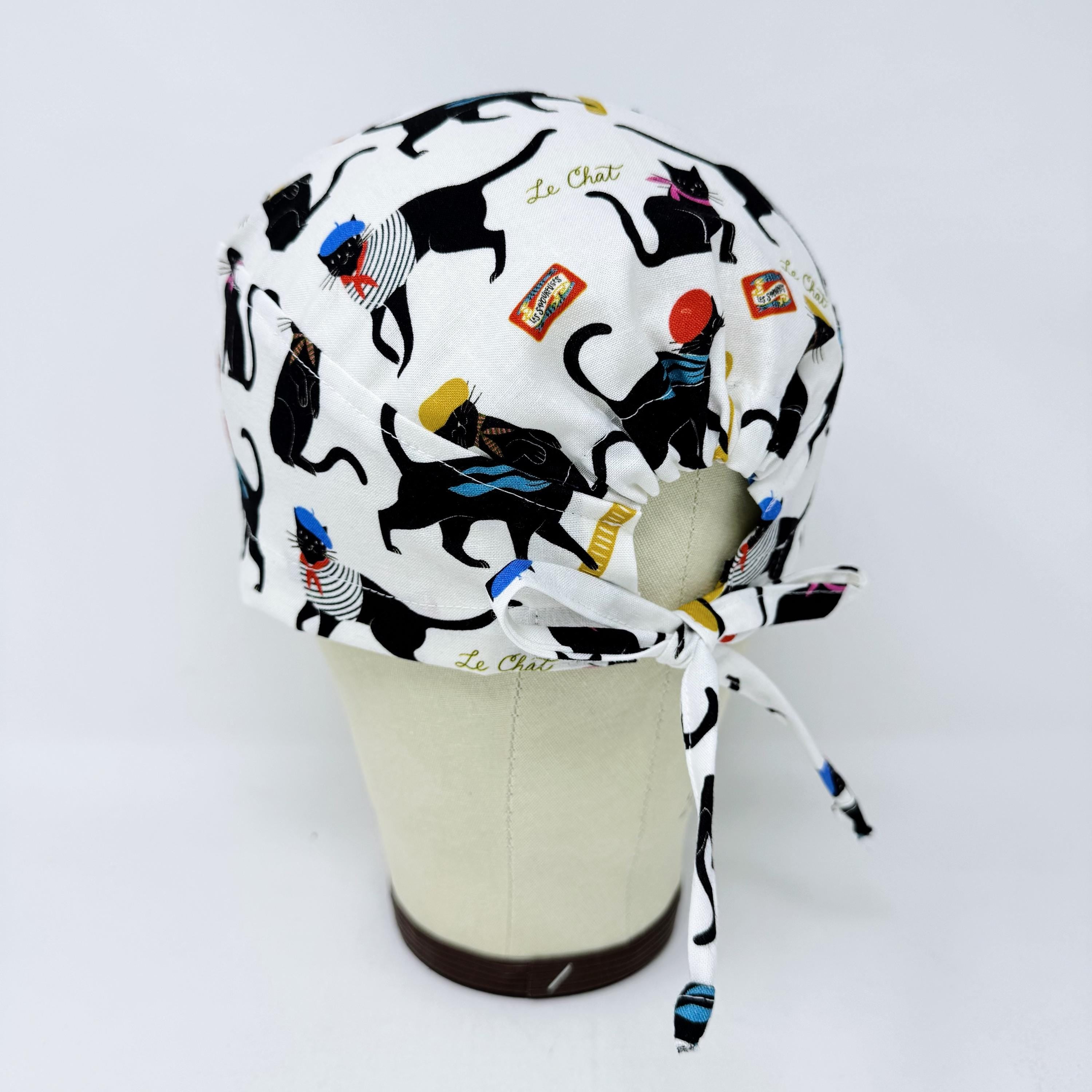 Surgical scrub cap for men. Parisian Cat tie back scrub hat by Paradise Caps.