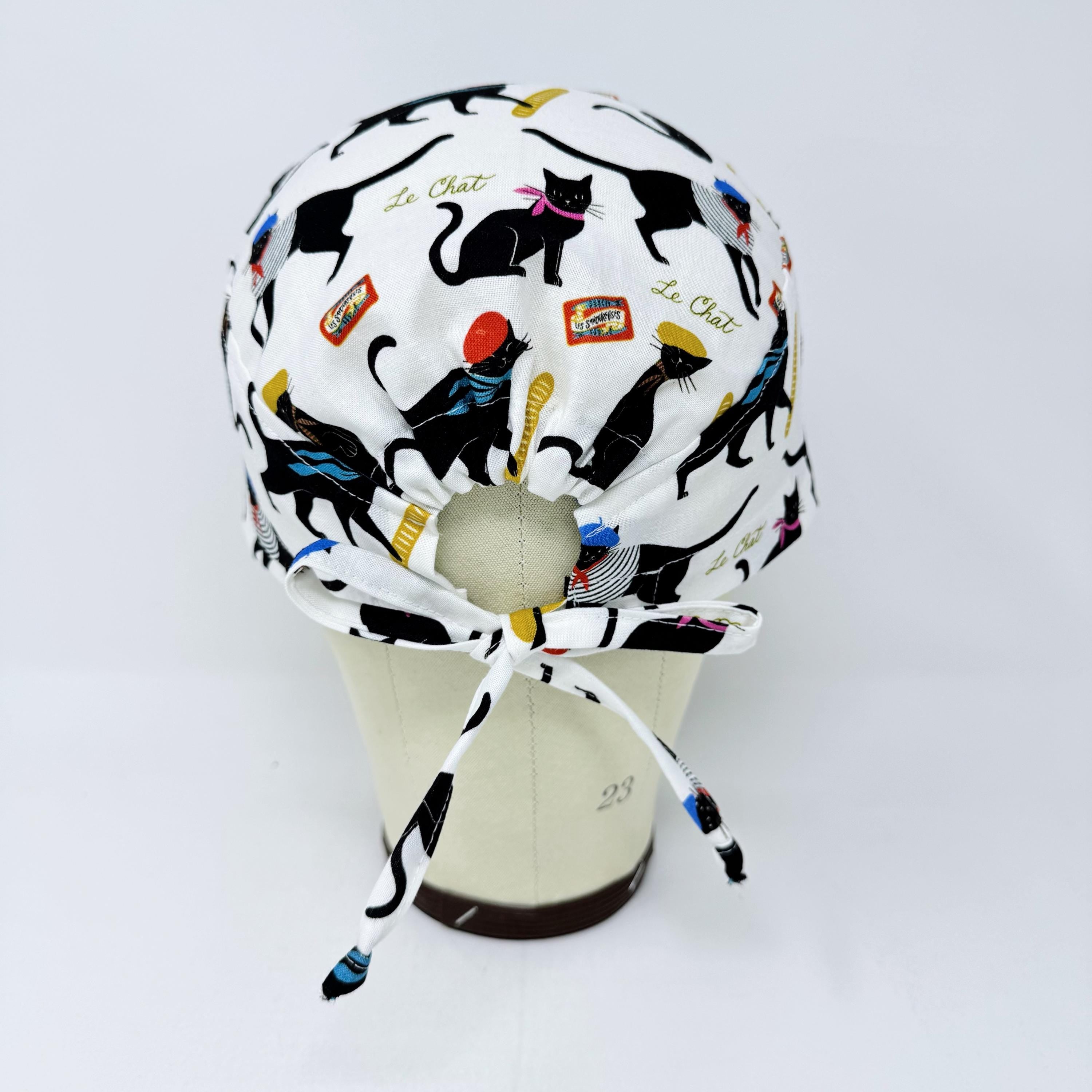 Surgical scrub cap for men. Parisian Cat tie back scrub hat by Paradise Caps.