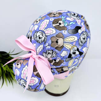 Euro scrub cap with ties for Women. Easter Bunny & Puppy European Surgical cap with Satin Lined option by Paradise Caps. Euro PLUS style.