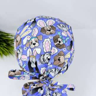 Ponytail Scrub Cap for Women. Easter Bunny & Puppy Surgical hat with ponytail by Paradise Caps. Satin Lined Option.