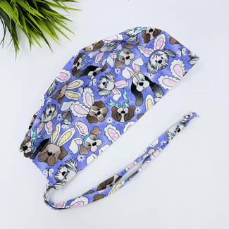 Men's surgical scrub cap. Easter Bunny & Puppy skull tie-back style scrub cap by Paradise Caps.