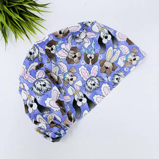 Euro Scrub Cap for Women. Easter Bunny & Puppy Surgical hat with Satin Lined option by Paradise Caps.