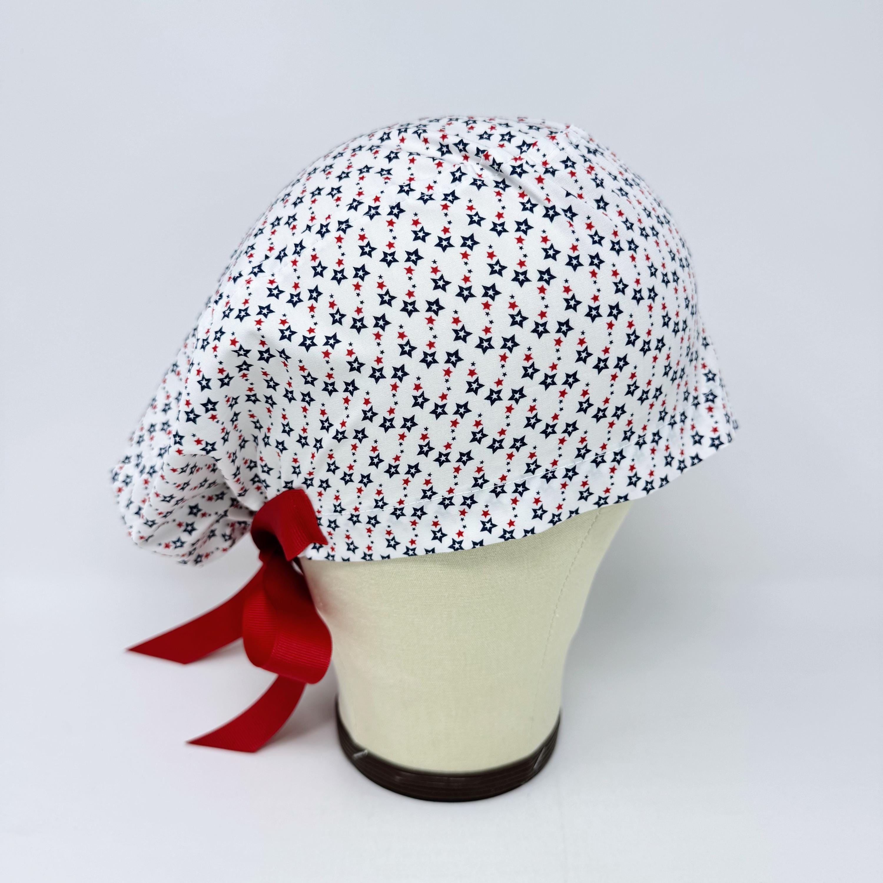 Euro scrub cap with ties for Women. Patriotic Stars European Surgical cap with Satin Lined by Paradise Caps. Euro PLUS style.