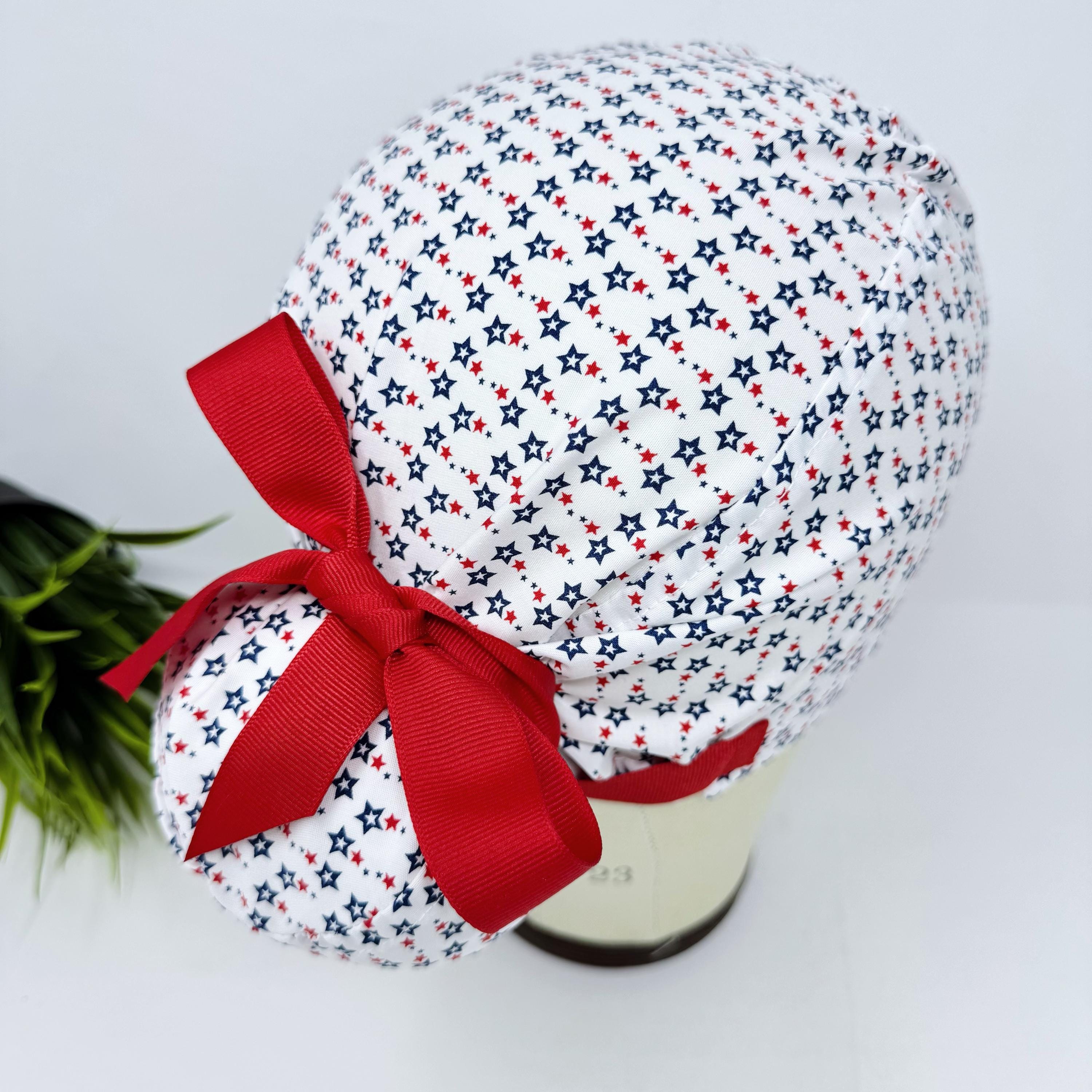 Euro scrub cap with ties for Women. Patriotic Stars European Surgical cap with Satin Lined by Paradise Caps. Euro PLUS style.