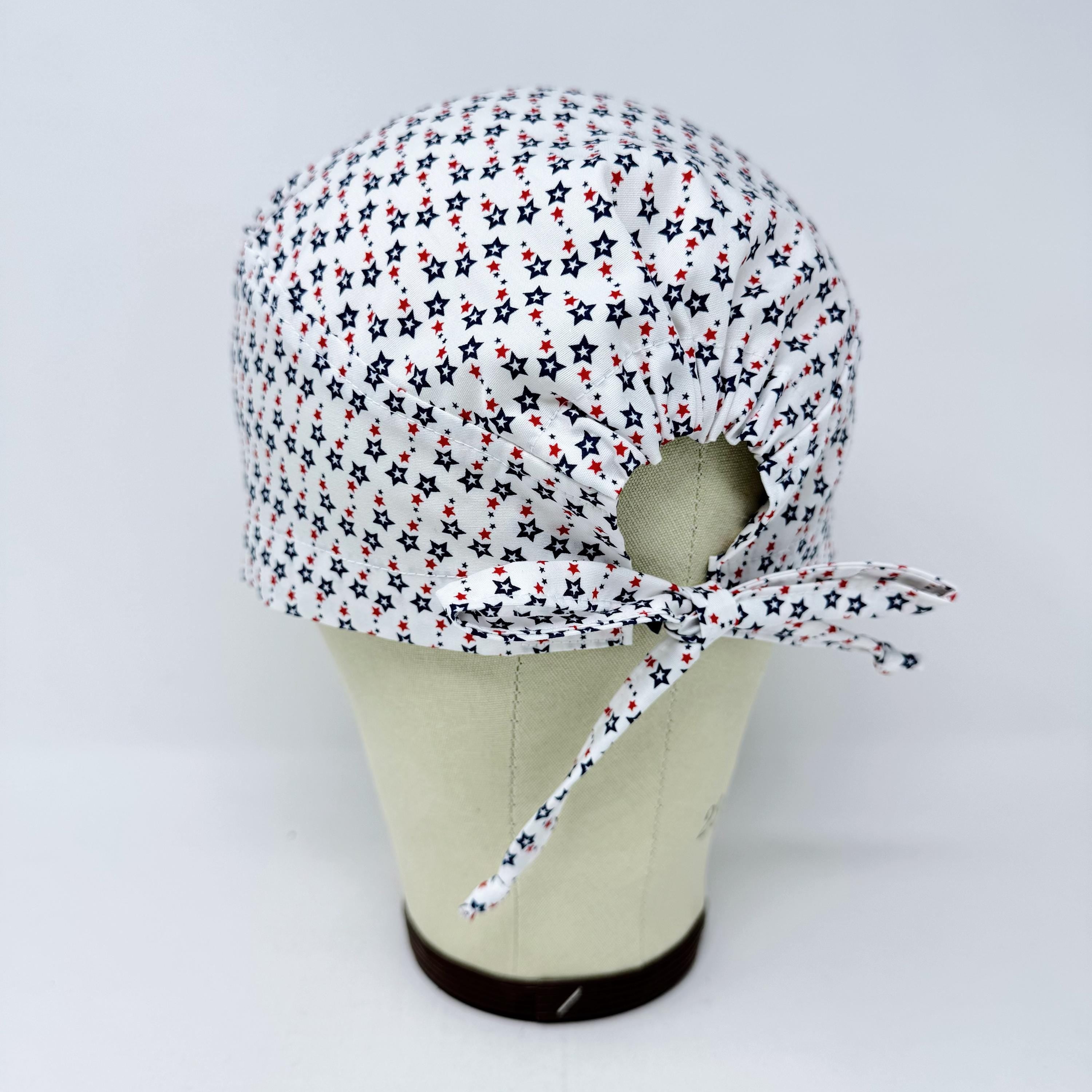 4th of July Men's surgical cap. Star satin lined skull tie-back style scrub cap by Paradise Caps.