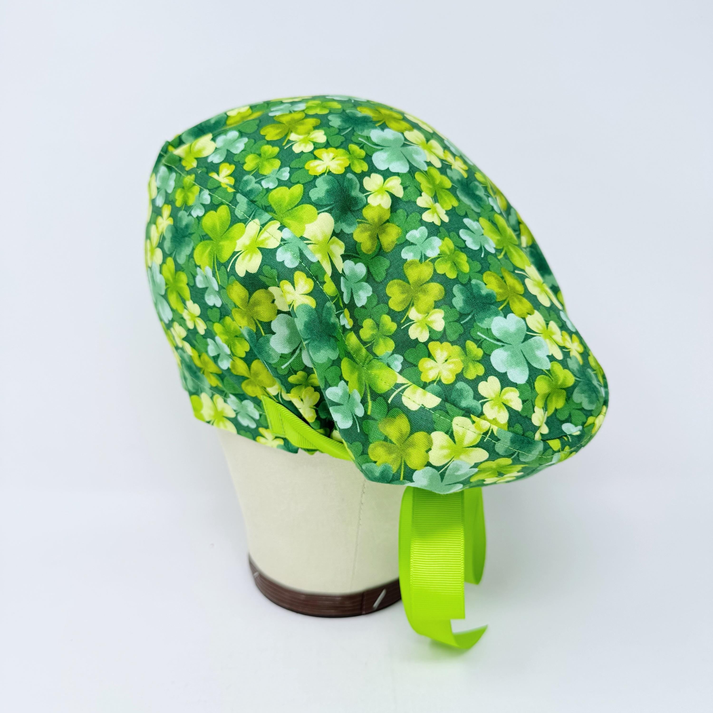 St. Patrick’s Day Euro scrub cap with ties for Women. European Surgical cap with Satin Lined by Paradise Caps. Euro PLUS style.