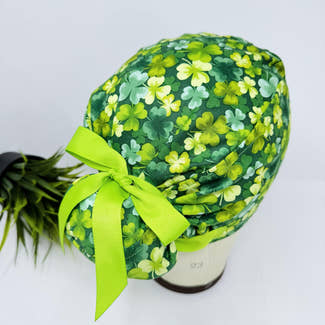 St. Patrick’s Day Euro scrub cap with ties for Women. European Surgical cap with Satin Lined by Paradise Caps. Euro PLUS style.