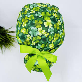 St. Patrick’s Day Euro scrub cap with ties for Women. European Surgical cap with Satin Lined by Paradise Caps. Euro PLUS style.