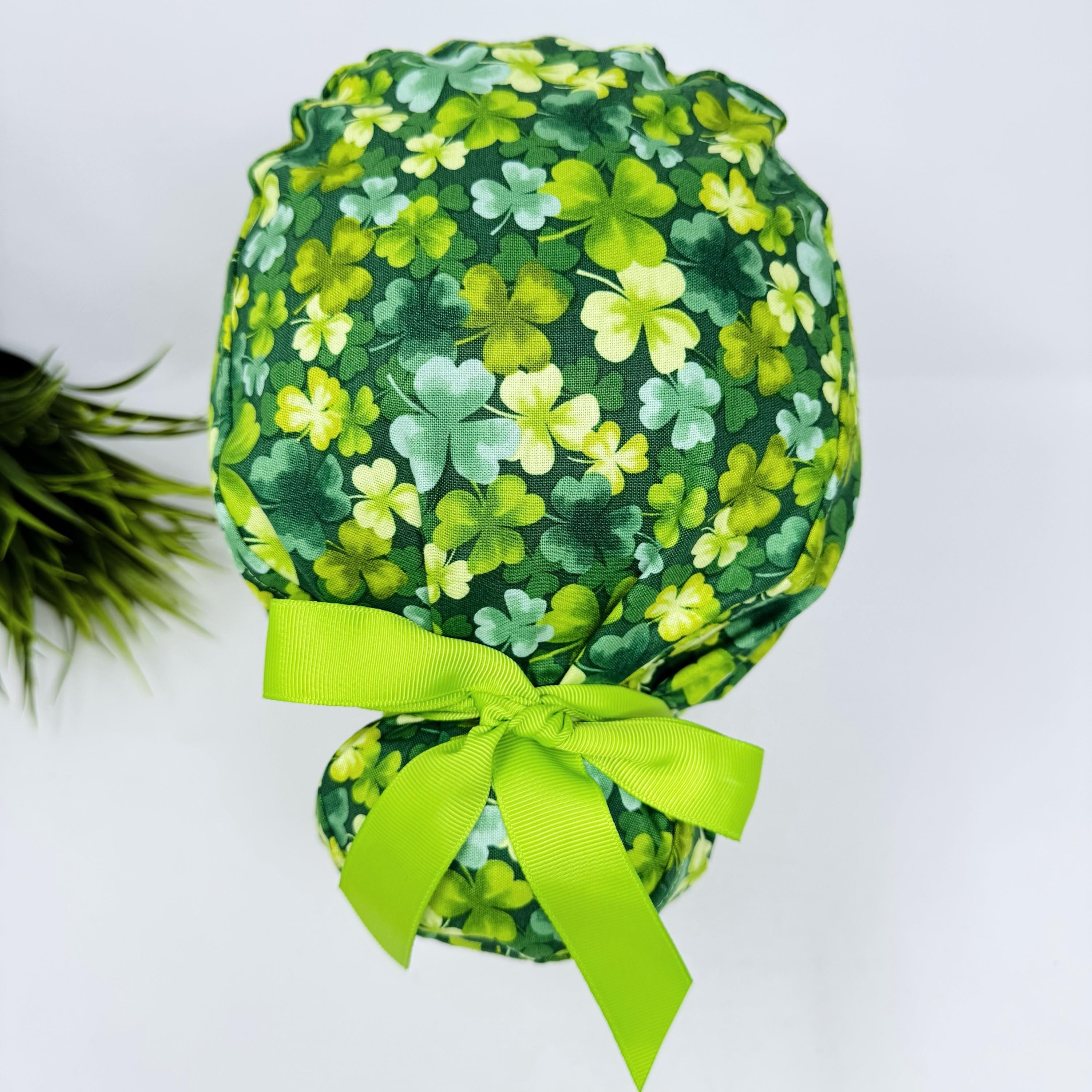 St. Patrick’s Day Euro scrub cap with ties for Women. European Surgical cap with Satin Lined by Paradise Caps. Euro PLUS style.