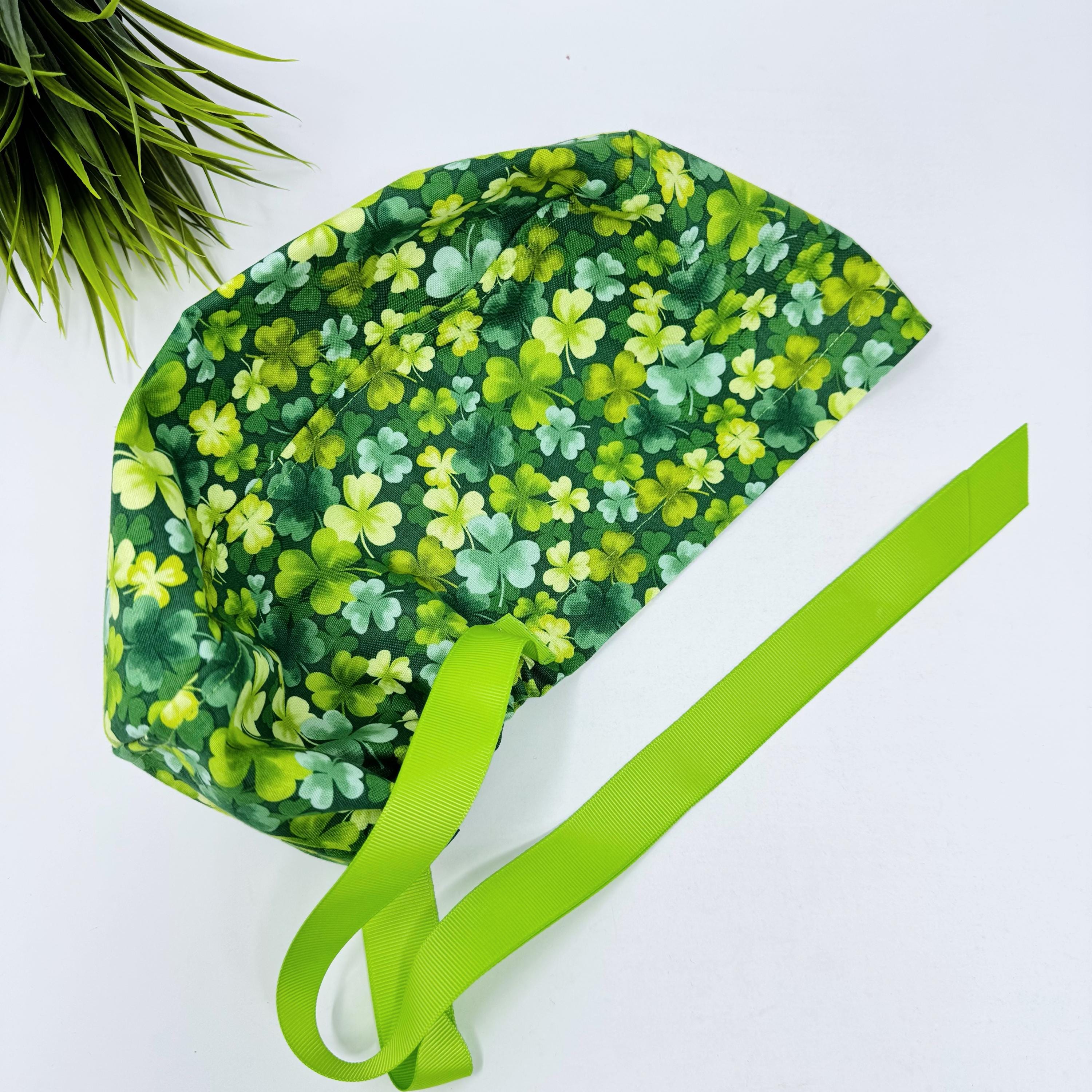 St. Patrick’s Day Euro scrub cap with ties for Women. European Surgical cap with Satin Lined by Paradise Caps. Euro PLUS style.
