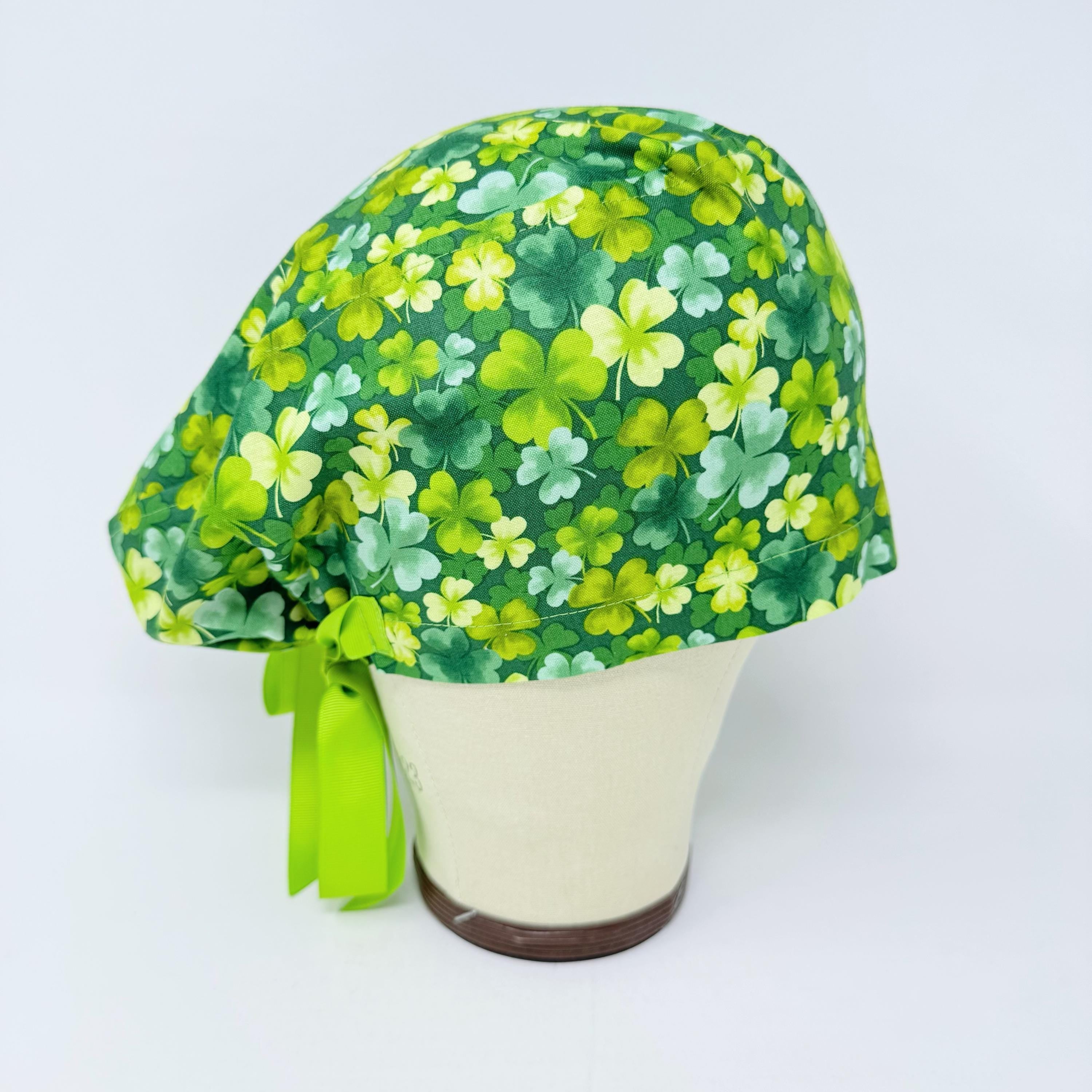 St. Patrick’s Day Euro scrub cap with ties for Women. European Surgical cap with Satin Lined by Paradise Caps. Euro PLUS style.