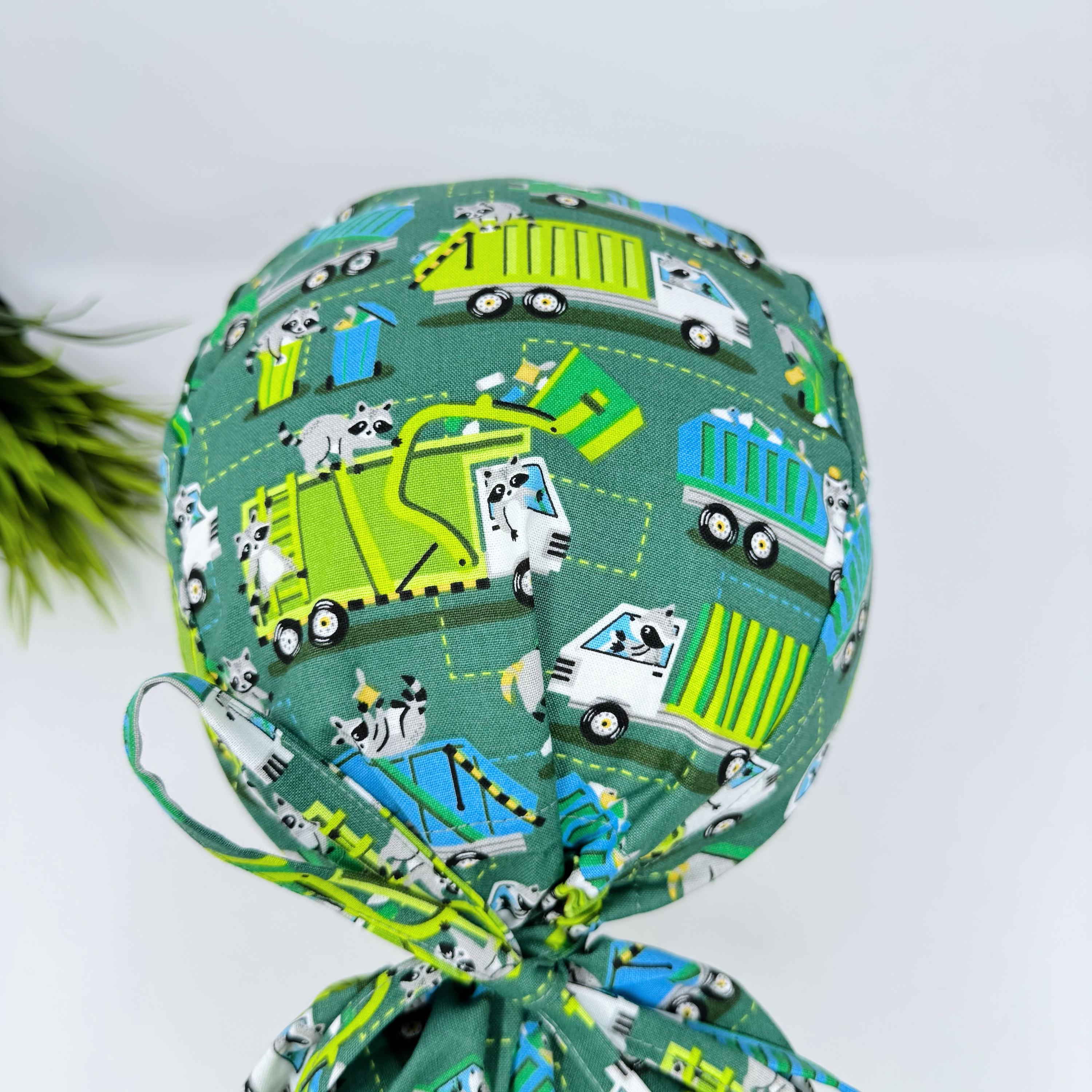 Ponytail scrub cap women. Garbage Truck Raccoon Satin Lined Option Surgical hat with ponytail by Paradise Caps.