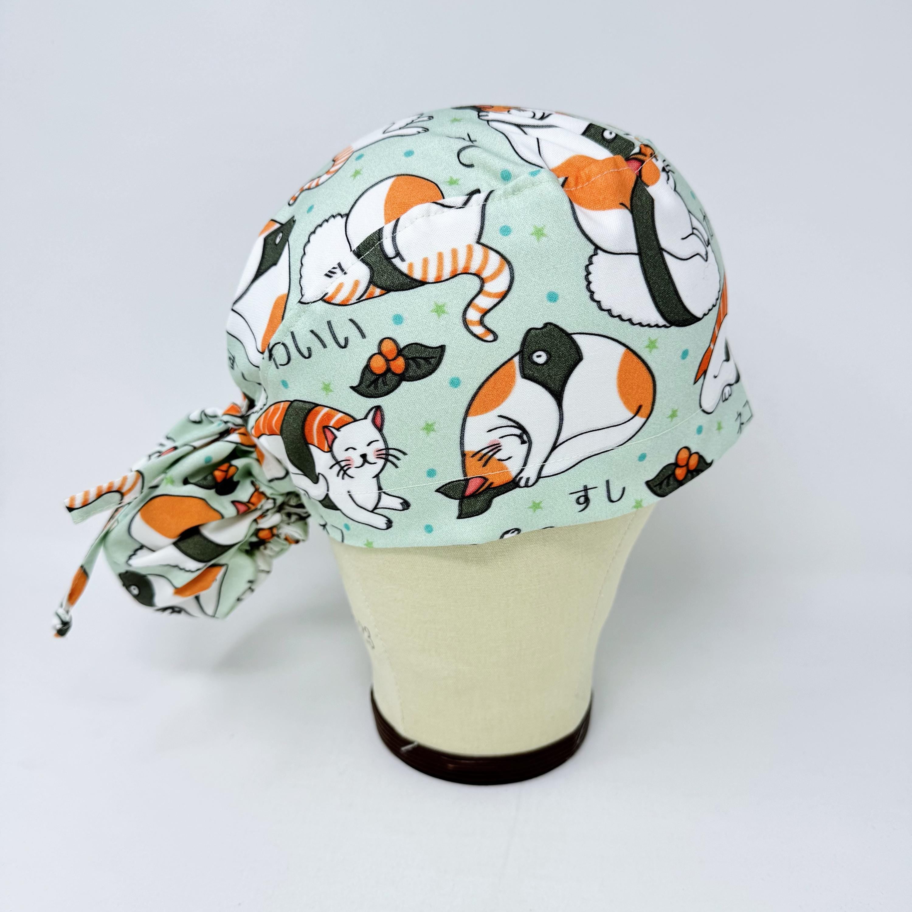 Cat Ponytail scrub cap for women by Paradise Caps. Satin lined Option surgical hat with ponytail.