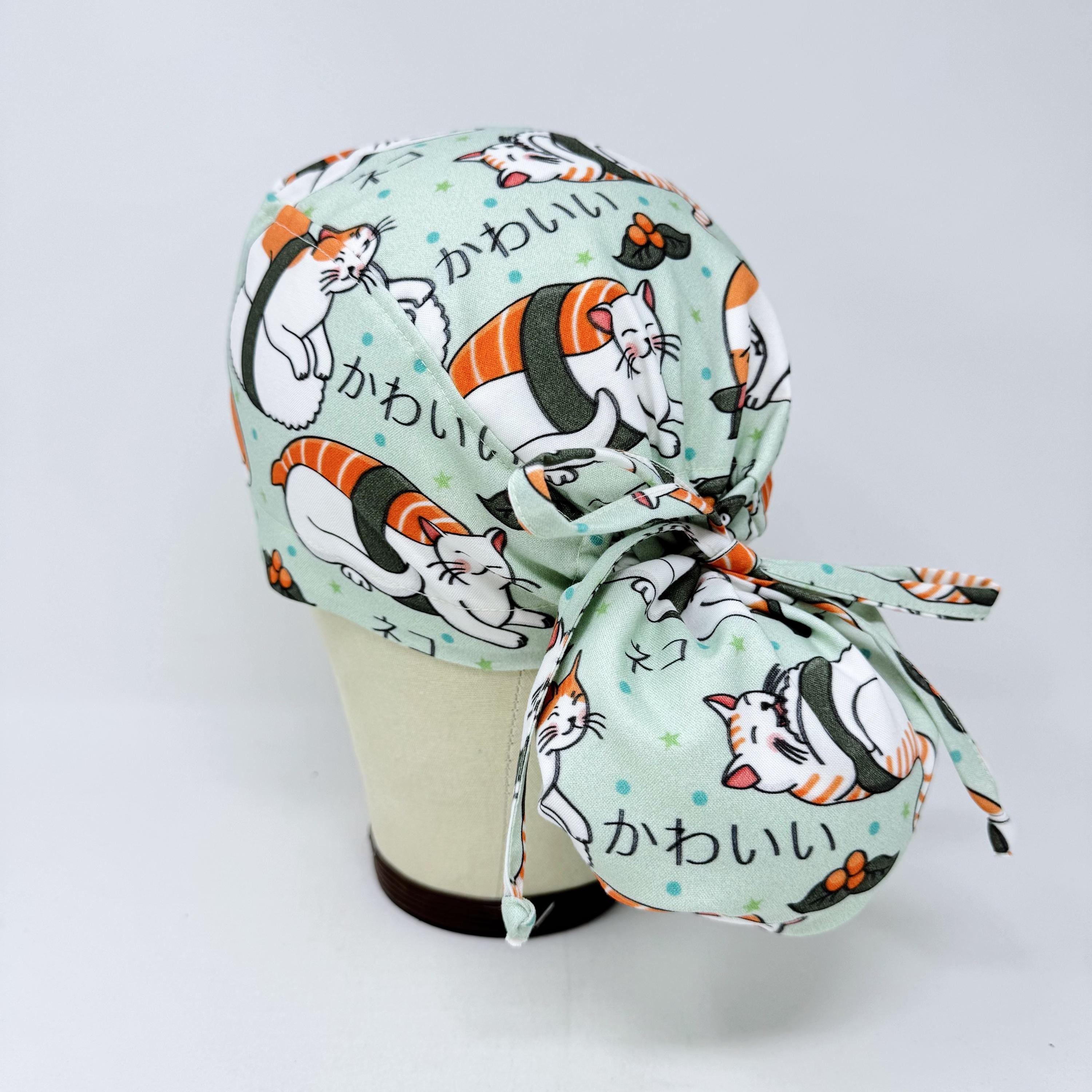 Cat Ponytail scrub cap for women by Paradise Caps. Satin lined Option surgical hat with ponytail.