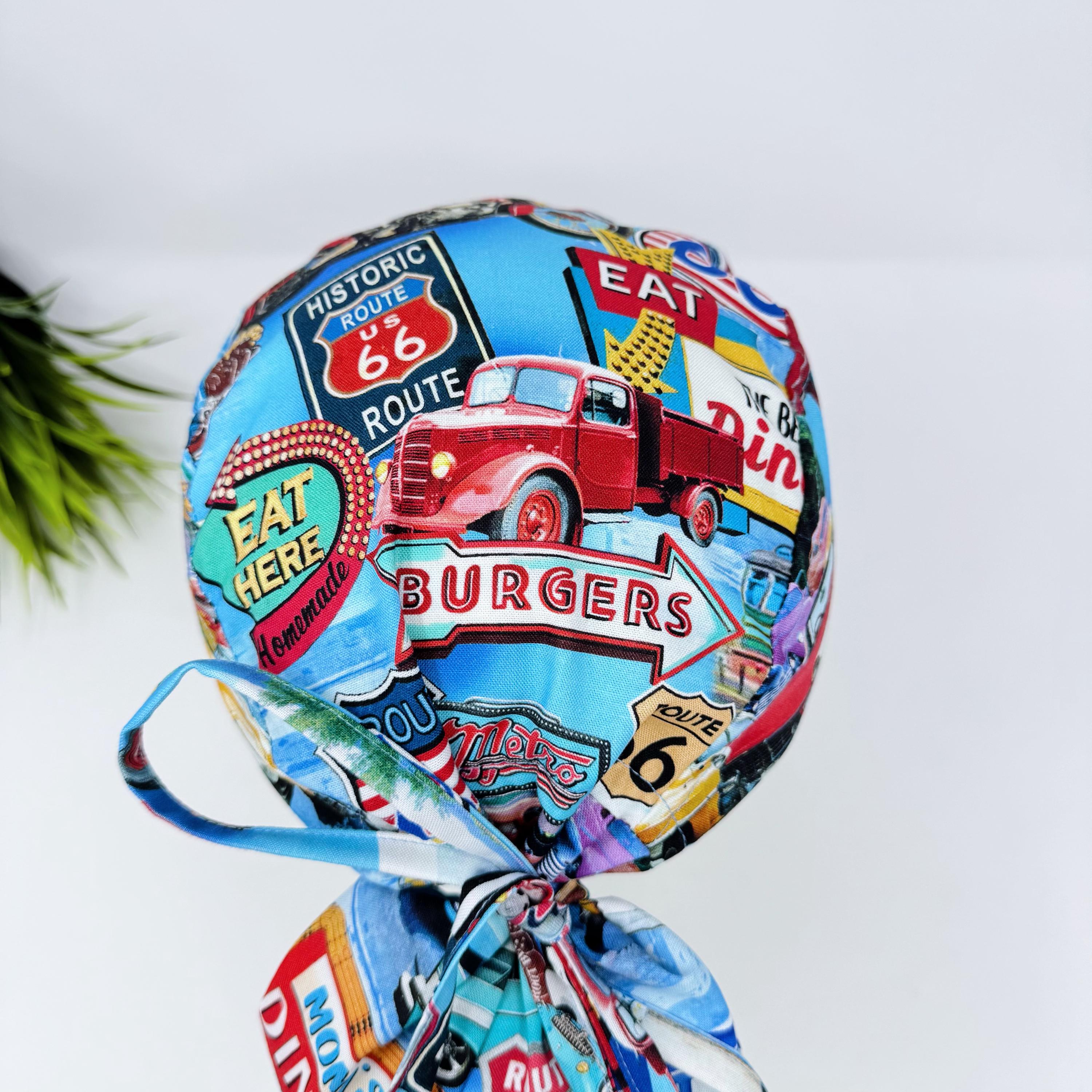 Ponytail scrub cap for women. Route 66 Retro Diner Satin Lined option Surgical hat with ponytail by Paradise Caps.