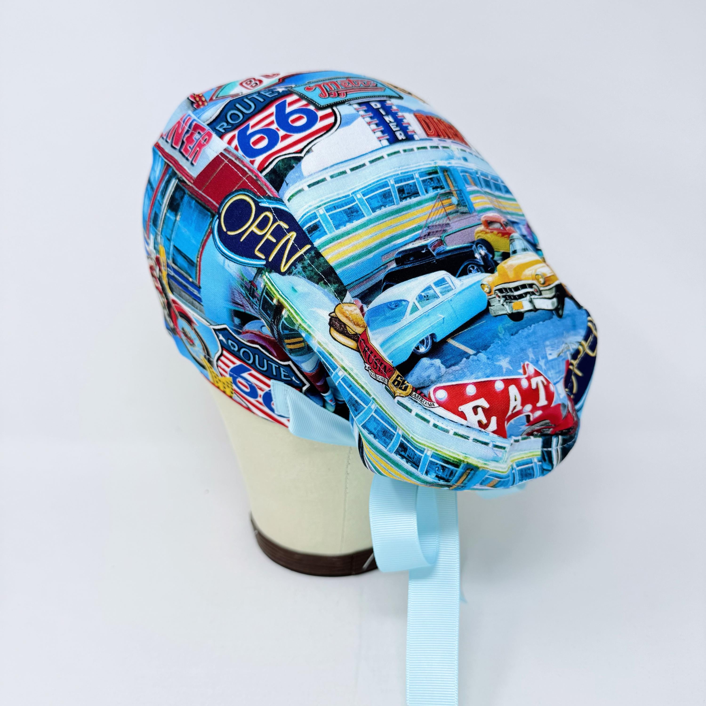 Euro scrub cap with ties for Women. Route 66 Retro Diner European Surgical hat with Satin Lined option by Paradise Caps. Euro PLUS style.