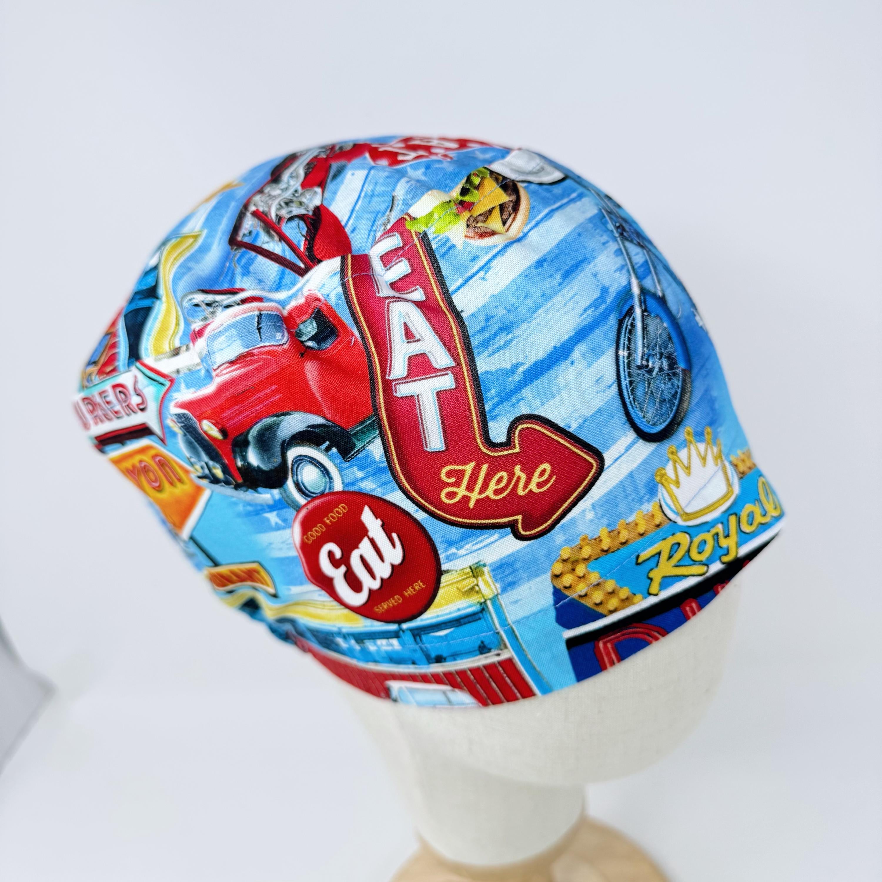 Euro Scrub Cap for Women. Route 66 Retro Diner European Surgical hat Satin Lined option by Paradise Caps.