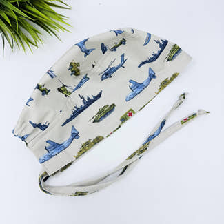Men's surgical scrub cap. Military Aircraft satin lined option skull tie-back style scrub hat by Paradise Caps.