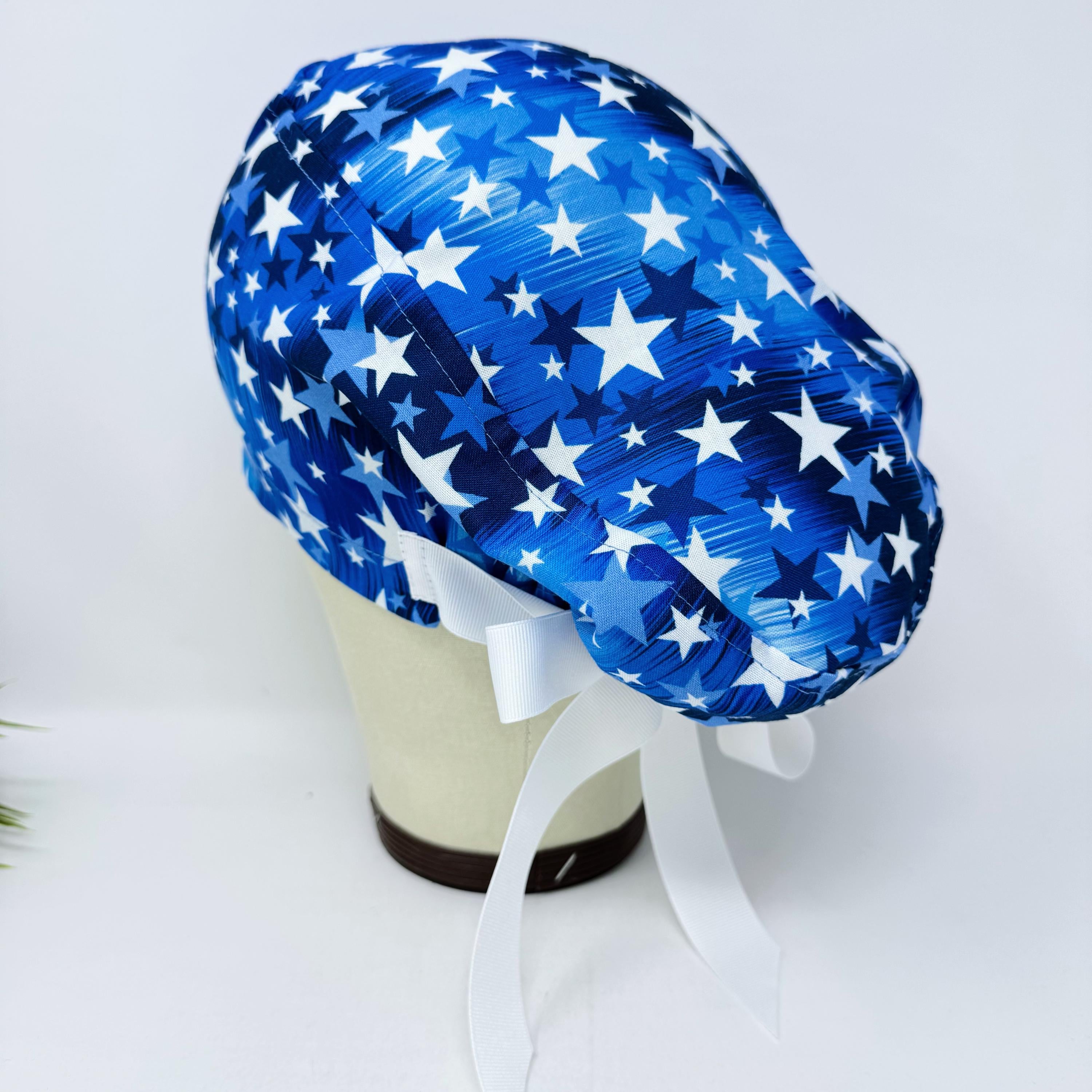 4th of July Euro scrub cap with ties for Women by Paradise Caps. Euro PLUS style.