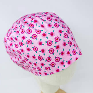 Euro scrub cap for women. Pink Floral European surgical hat with satin lined by Paradise Caps.