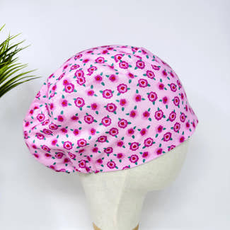 Euro scrub cap for women. Pink Floral European surgical hat with satin lined by Paradise Caps.