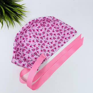Euro scrub cap with ties for Women. Pink Floral European Surgical hat with Satin Lined option by Paradise Caps. Euro PLUS style.