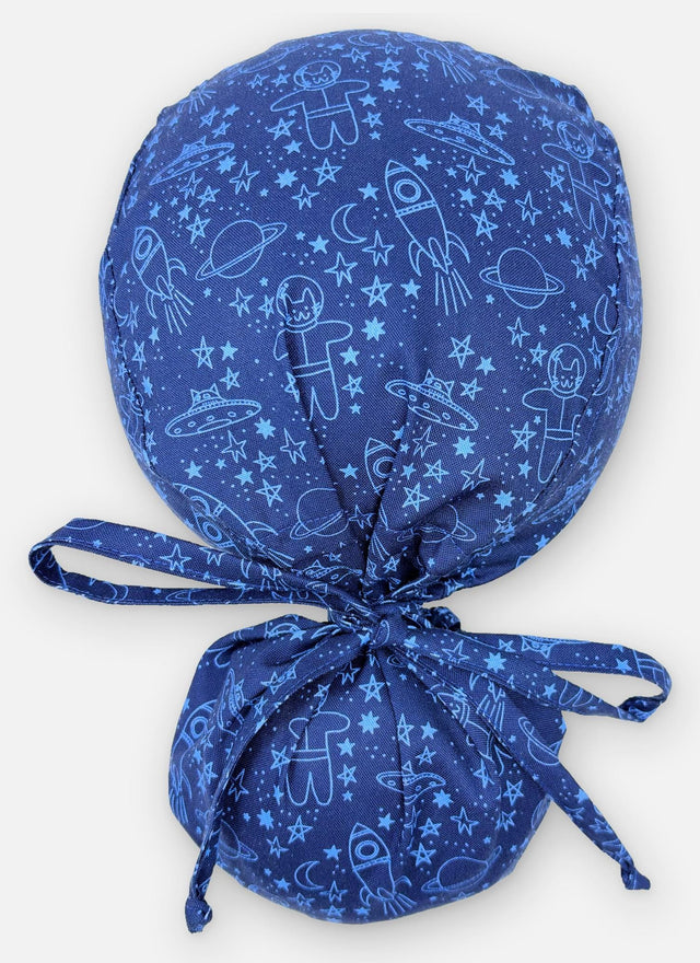 Space Cat Ponytail scrub cap in blue astronaut print, with fabric ties and a separate hair pouch