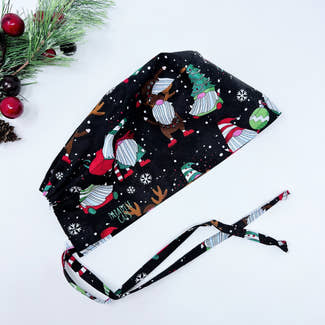 Christmas Men's Scrub Cap. Gnome satin lined skull tie-back style surgical cap by Paradise Caps.