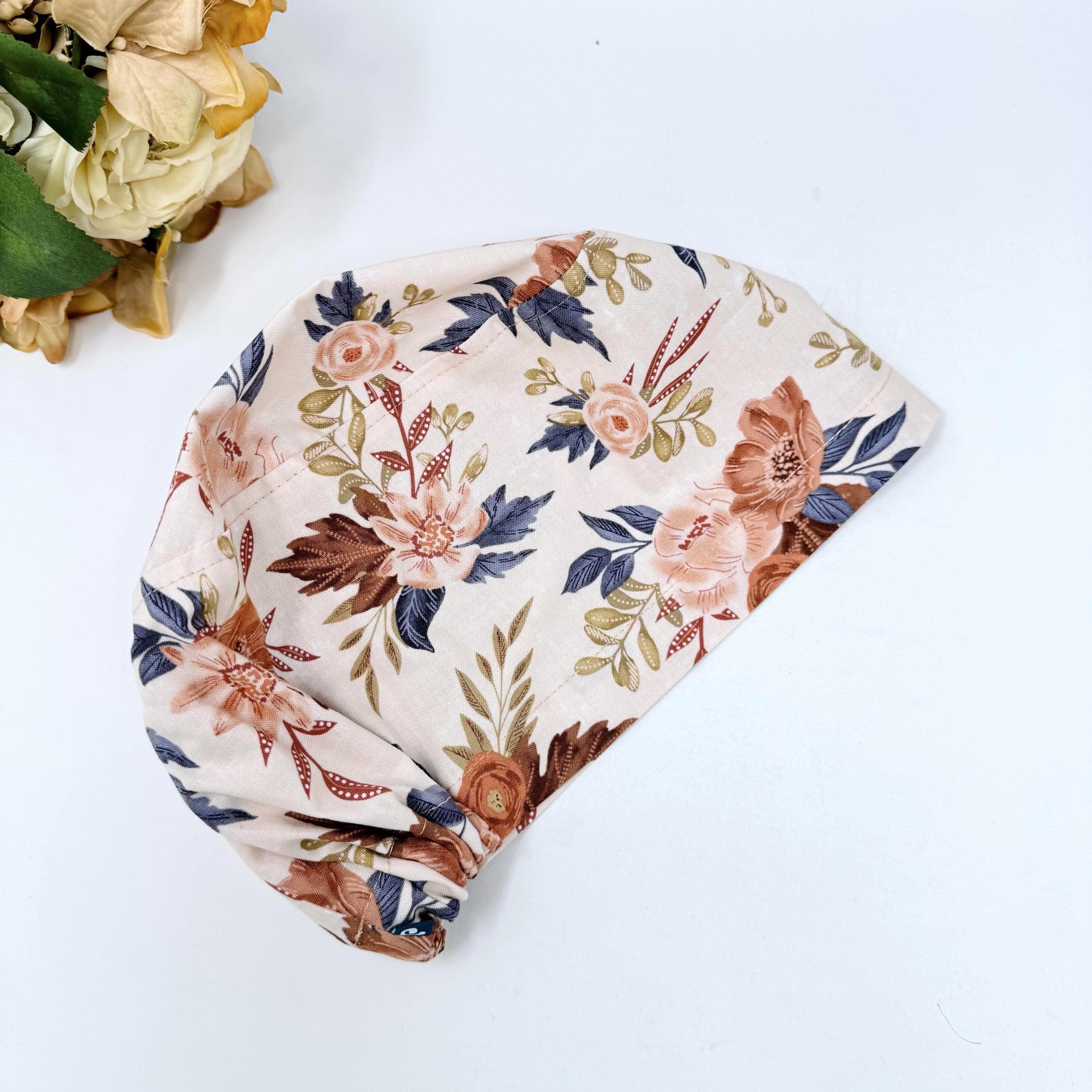 Floral Euro scrub cap for women. Fall European satin lined surgical cap by Paradise Caps.