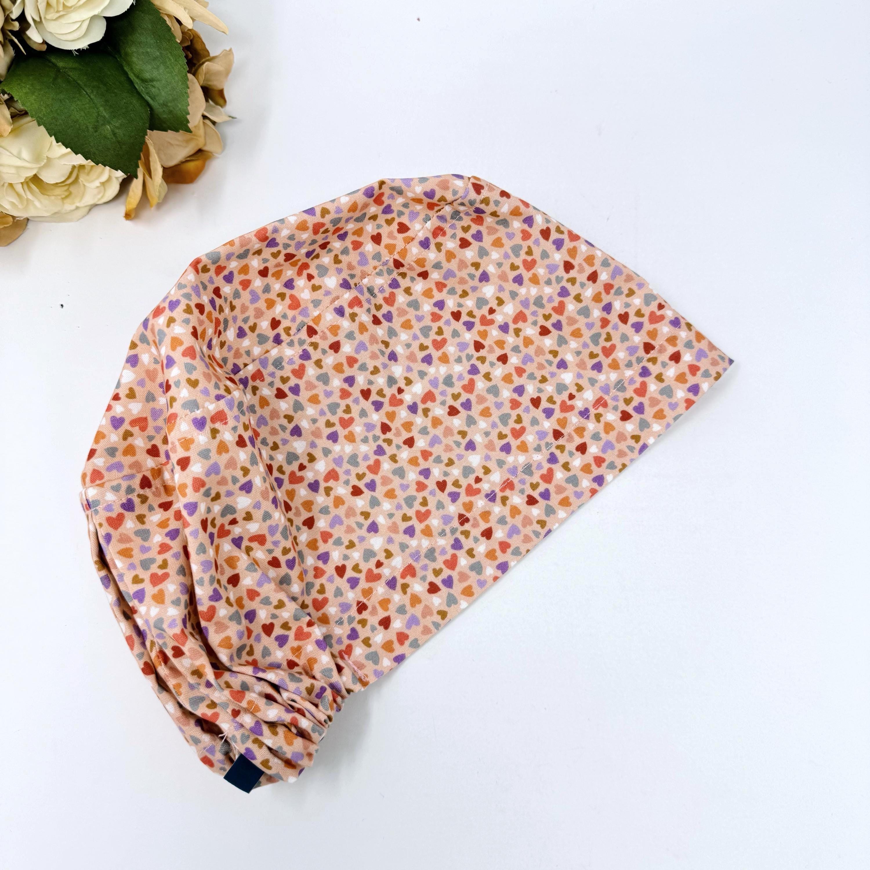 Colorful Hearts Scrub Cap for Women, Pink surgical cap with Satin Lined by Paradise Caps.