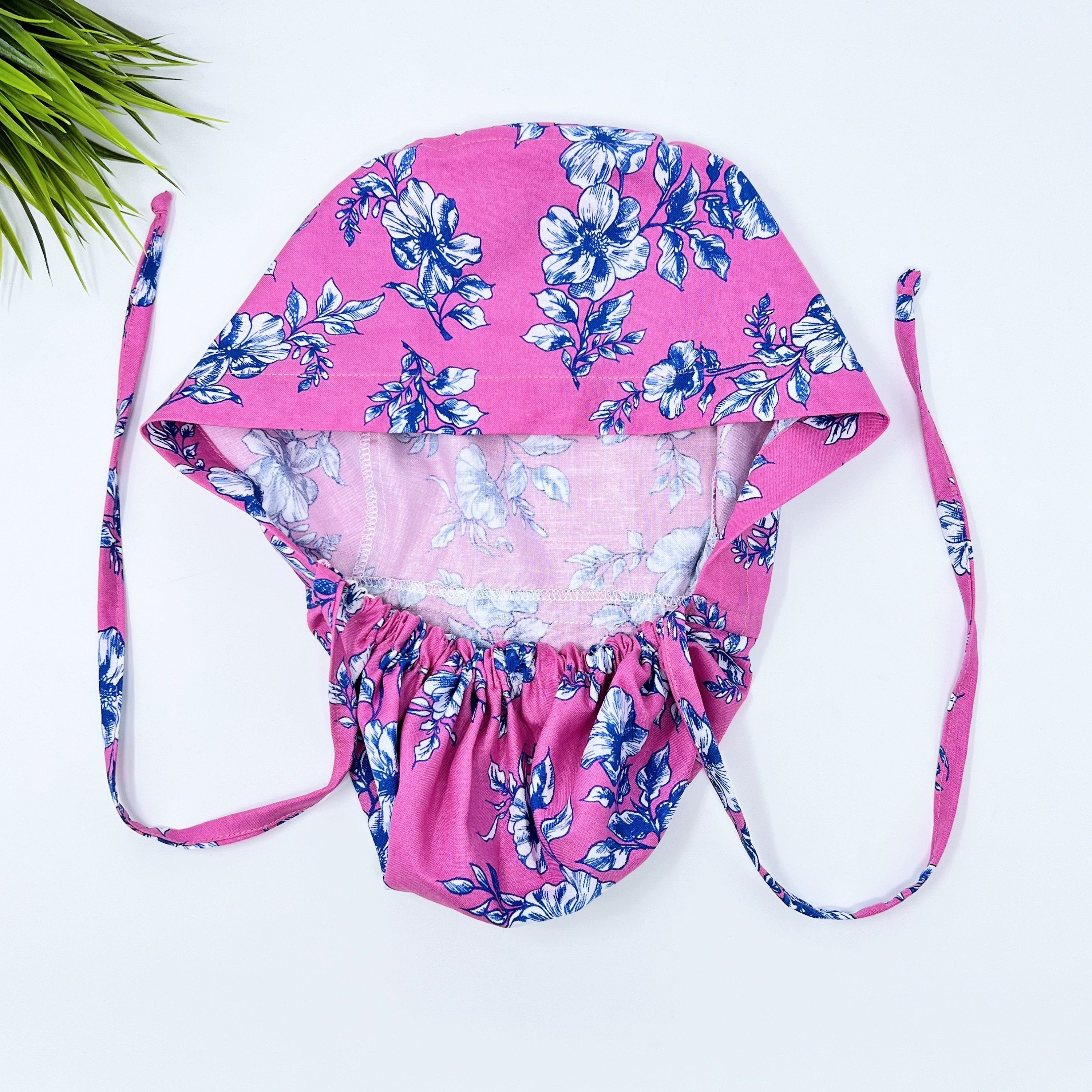 Blue Flowers Ponytail scrub cap women. Surgical cap ponytail with Satin Lined option by Paradise Caps.