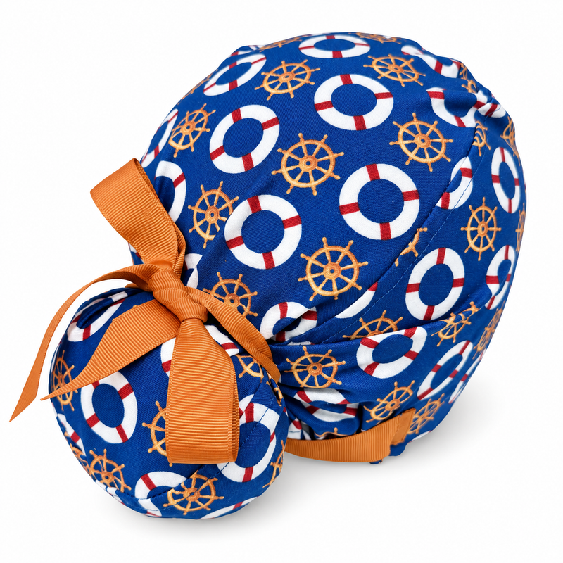 Nautical Lifebuoys Euro scrub cap with ribbon ties for women with Satin lined option by Paradise Caps. Euro PLUS style. on white background with soft shadow