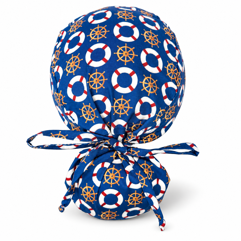 Nautical Lifebuoys Ponytail Scrub Cap for Women with satin lined option by Paradise Caps. on white background with soft shadow