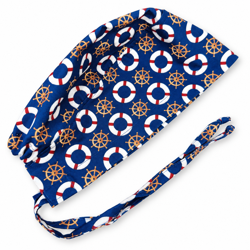 Nautical Lifebuoys Surgical scrub cap for men. Tie back scrub hat by Paradise Caps. on white background with soft shadow