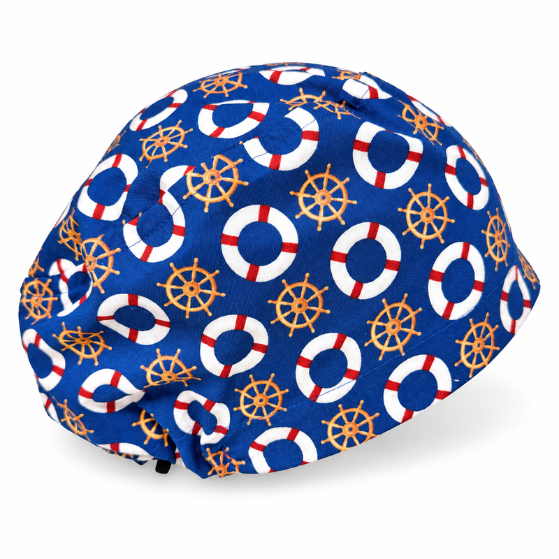 Nautical Lifebuoys Euro scrub cap for women with satin lined option by Paradise Caps. on white background with soft shadow
