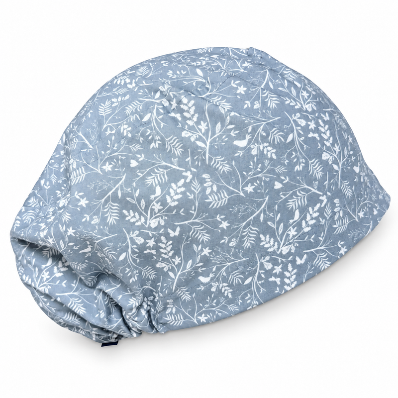 Gray Floral Euro scrub cap for women with satin lined option by Paradise Caps. on white background with soft shadow