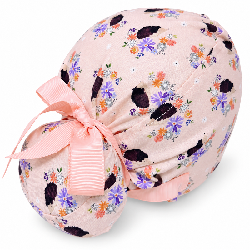 Hedgehog Euro scrub cap with ribbon ties for Women with satin lined option by Paradise Caps. Euro PLUS style. on white background with soft shadow