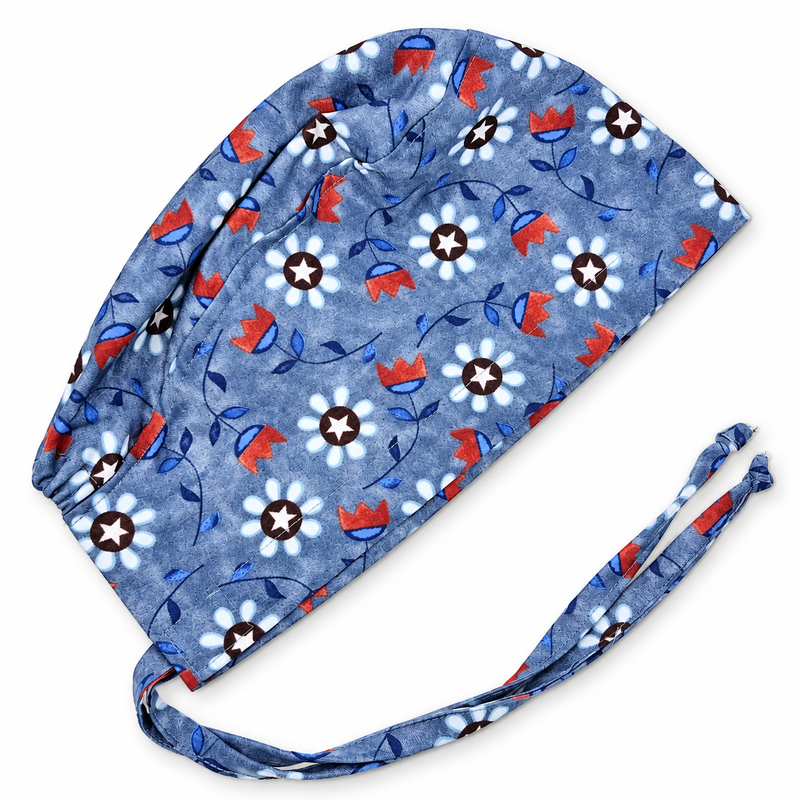 Bright Stars Skull tie-back style surgical scrub cap for men by Paradise Caps. on white background with soft shadow