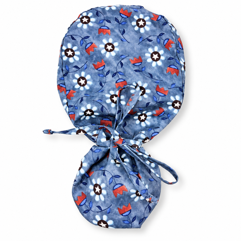 Bright Stars Ponytail scrub cap for women with satin lined option by Paradise Caps. on white background with soft shadow