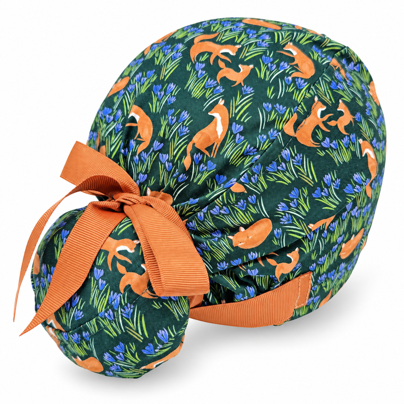 Fox Euro scrub cap with ribbon ties for Women with satin lined option by Paradise Caps. Euro PLUS style. on white background with soft shadow