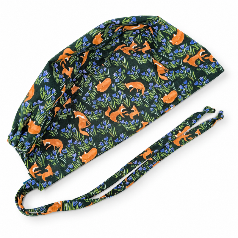 Fox Surgical cap for men. Forest skull tie-back style scrub hat by Paradise Caps. on white background with soft shadow