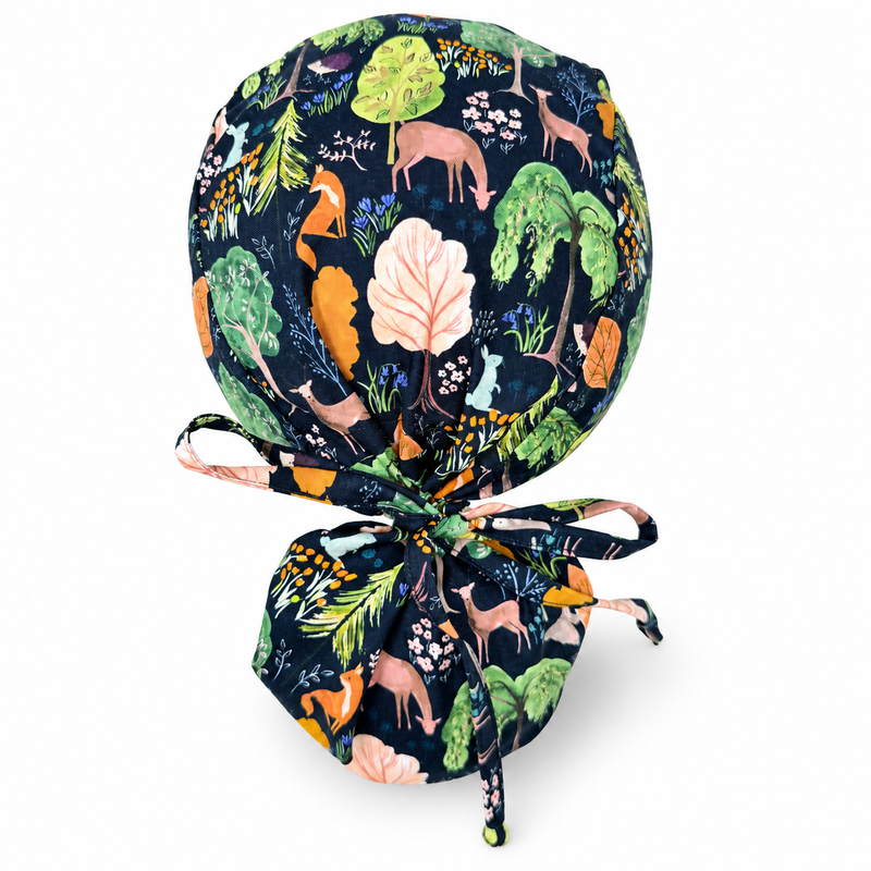 Fall Woodland Animals Ponytail scrub cap with Satin Lined option for women by Paradise Caps. on white background with soft shadow