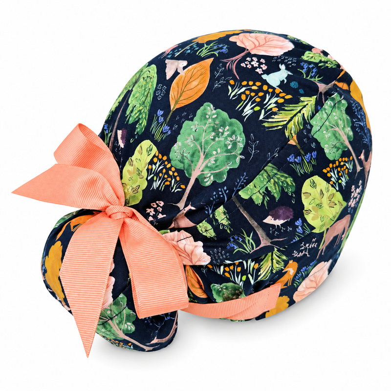 Fall Woodland Animals Euro scrub cap with ribbon ties for Women with satin lined option by Paradise Caps. Euro PLUS style. on white background with soft shadow
