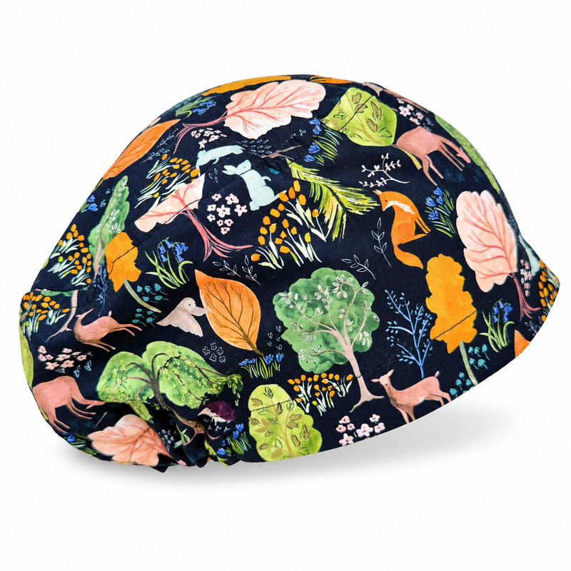 Fall Woodland Animals Euro Scrub Cap for Women with Satin Lined Option by Paradise Caps. on white background with soft shadow