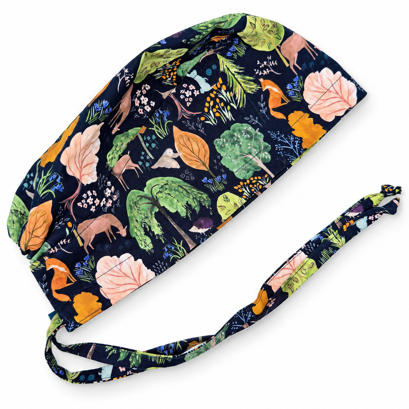 Fall Woodland Animals Surgical cap for men. Forest skull tie-back style scrub hat by Paradise Caps. on white background with soft shadow