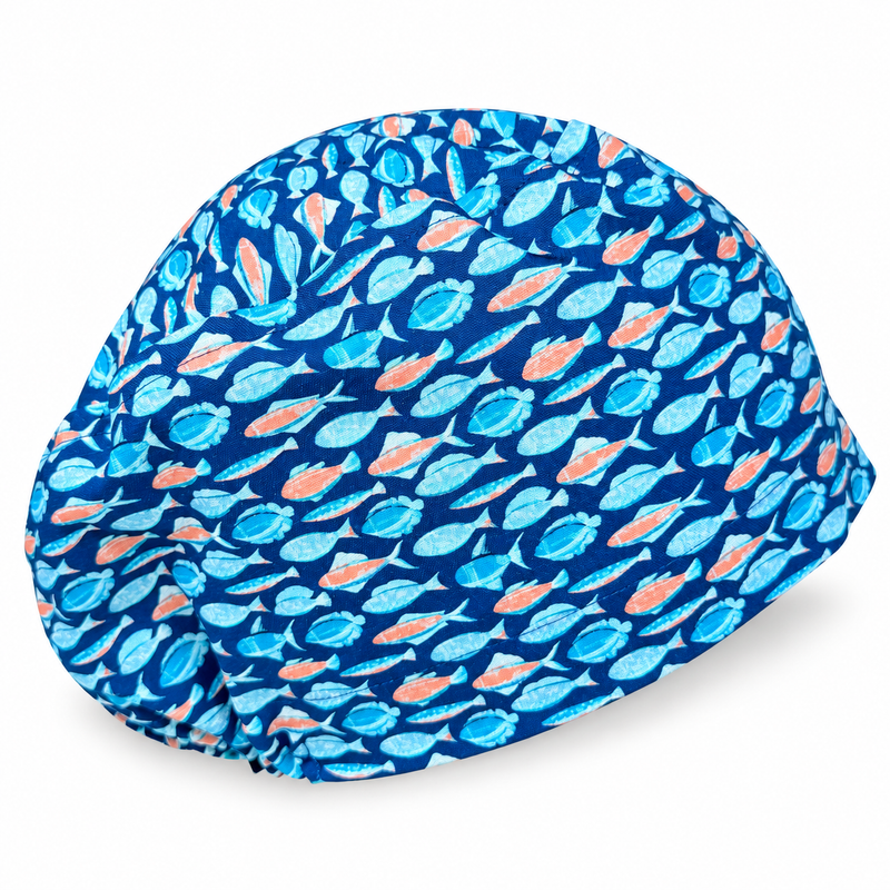 Tropical Fish Euro scrub cap for women with satin lined option by Paradise Caps. on white background with soft shadow