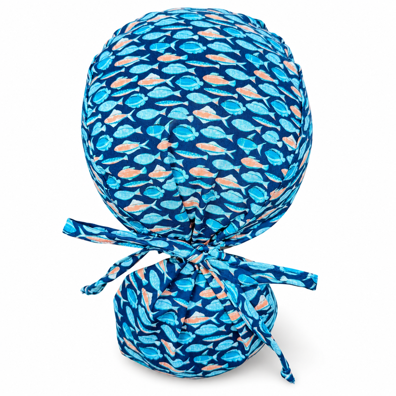 Tropical Fish Ponytail Scrub Cap for Women with satin lined option by Paradise Caps. on white background with soft shadow